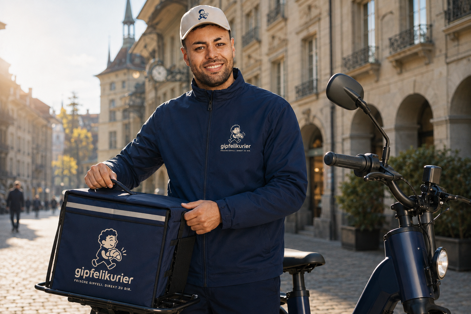 Chems, der Gipfelikurier, mit der Kühltasche vor historischer Kulisse in der Berner Altstadt