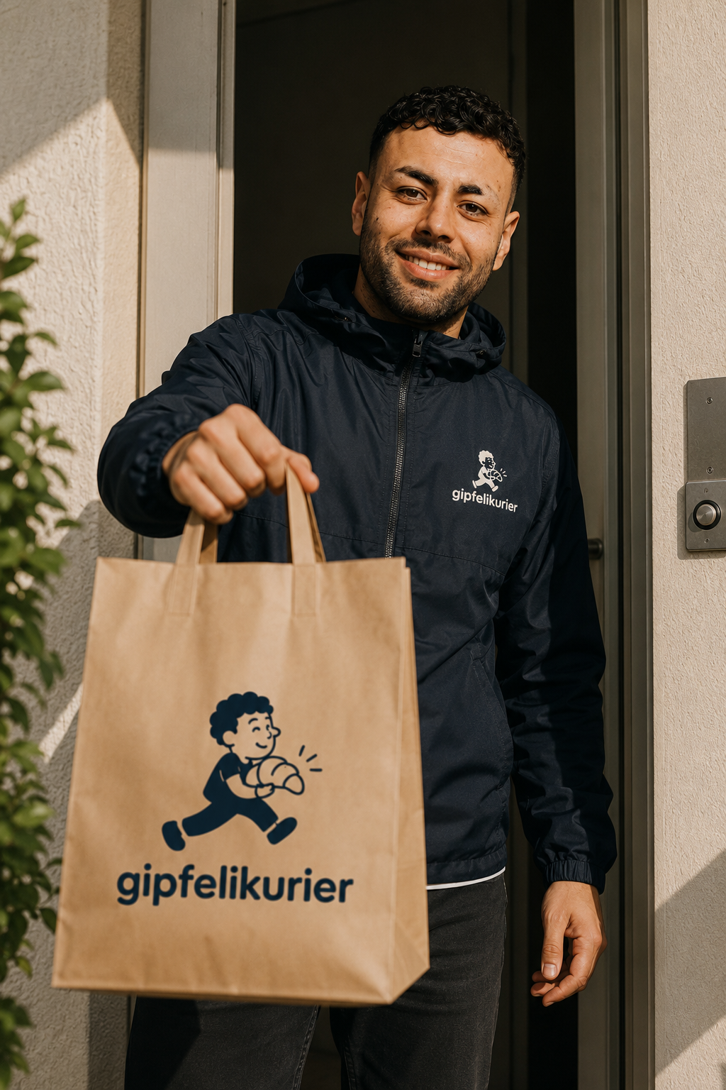 Gipfelikurier unterwegs mit einer Tüte frischer Backwaren
