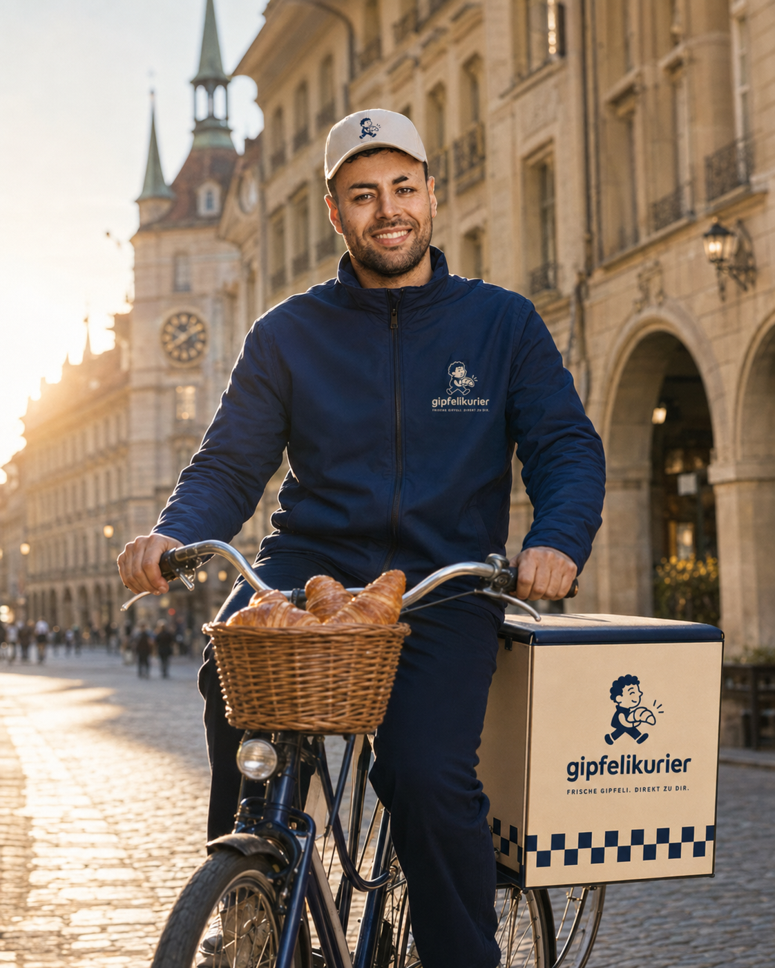Gipfelikurier mit dem Lieferrad voller frischer Gipfeli im goldenen Morgenlicht in der Berner Altstadt