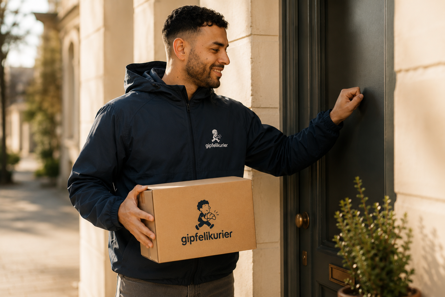 Gipfelikurier übergibt eine Box mit frischen Backwaren