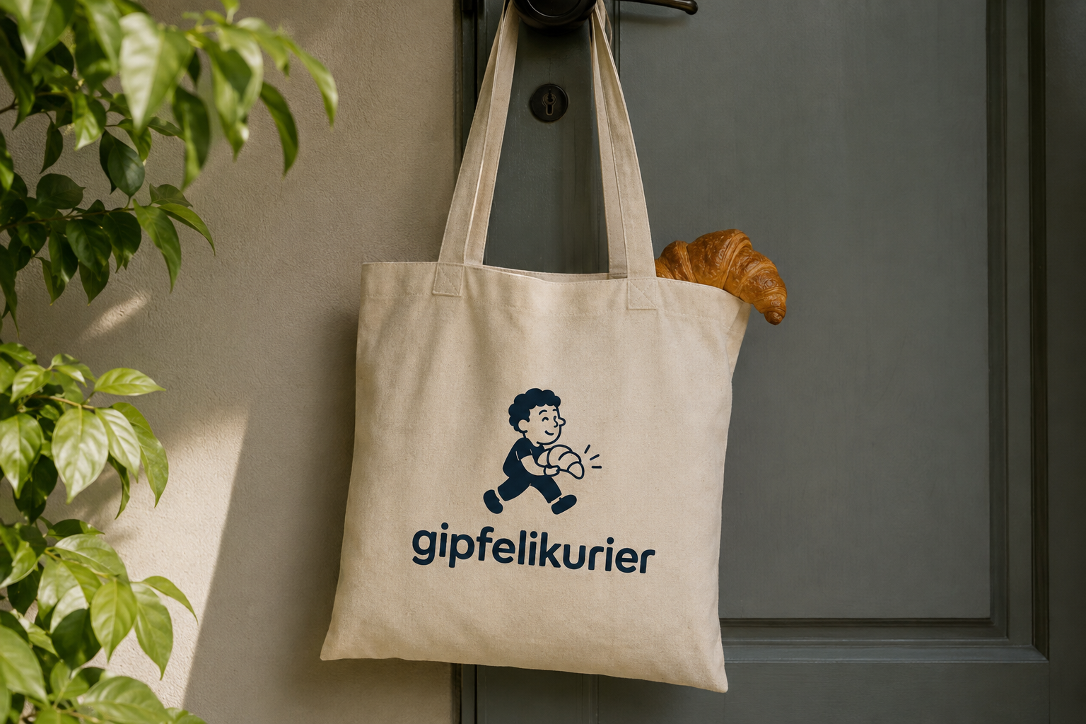 Frisches Gipfeli lugt aus dem Gipfelikurier-Stoffbeutel, der an einer Berner Haustür hängt